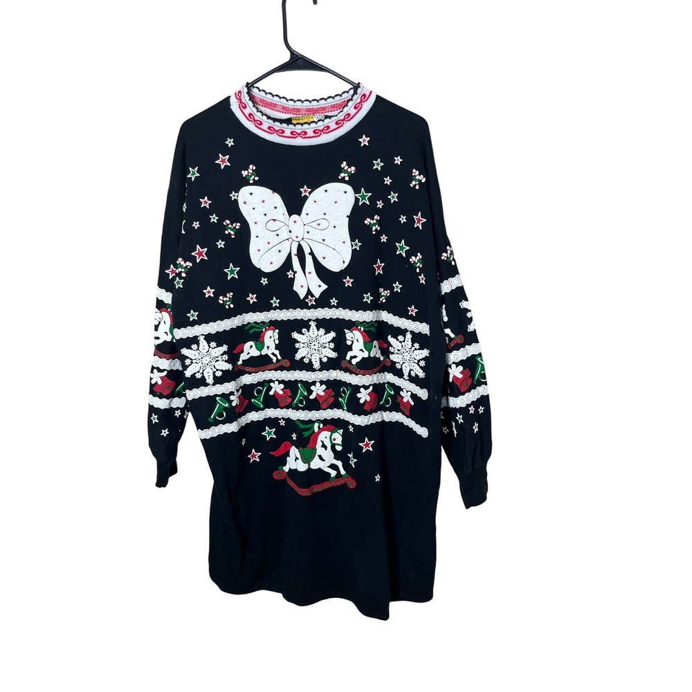 Vintage Savoy Christmas Dress One Size‎ Black Holiday Rocking Horse Bows Stars